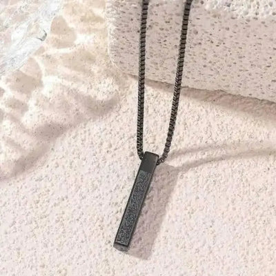 Ayatul Kursi bar locket with Arabic engraving on a sleek metal pendant, unisex Islamic necklace for protection and style.