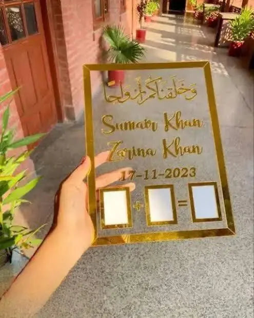 Personalized acrylic Nikkah frame featuring bride and groom thumb prints.