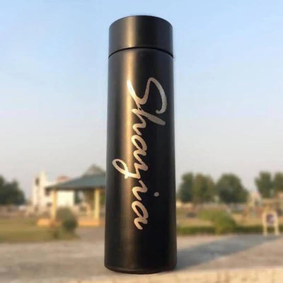 "Smart water bottle with temperature display and custom name"