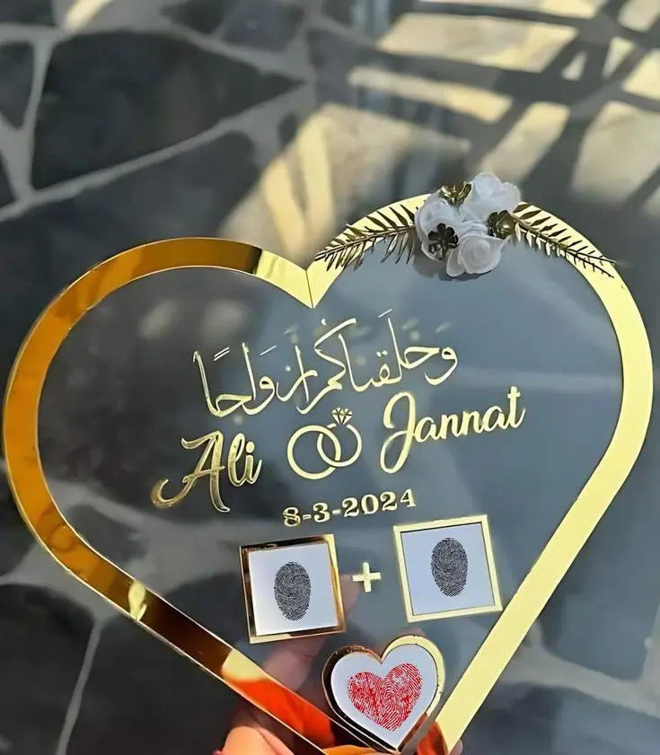 Stylish acrylic Nikkah keepsake frame with couple’s thumb impressions.